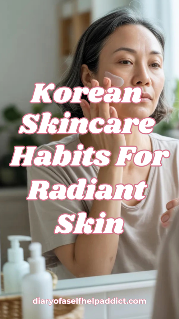 Soft, glowing morning light in a calm, minimal home. A woman in her 40s or 50s with natural, radiant skin is applying skincare in front of a mirror. Neutral tones, clean space, plants, peaceful mood. Skin looks hydrated and healthy, not overly made up.